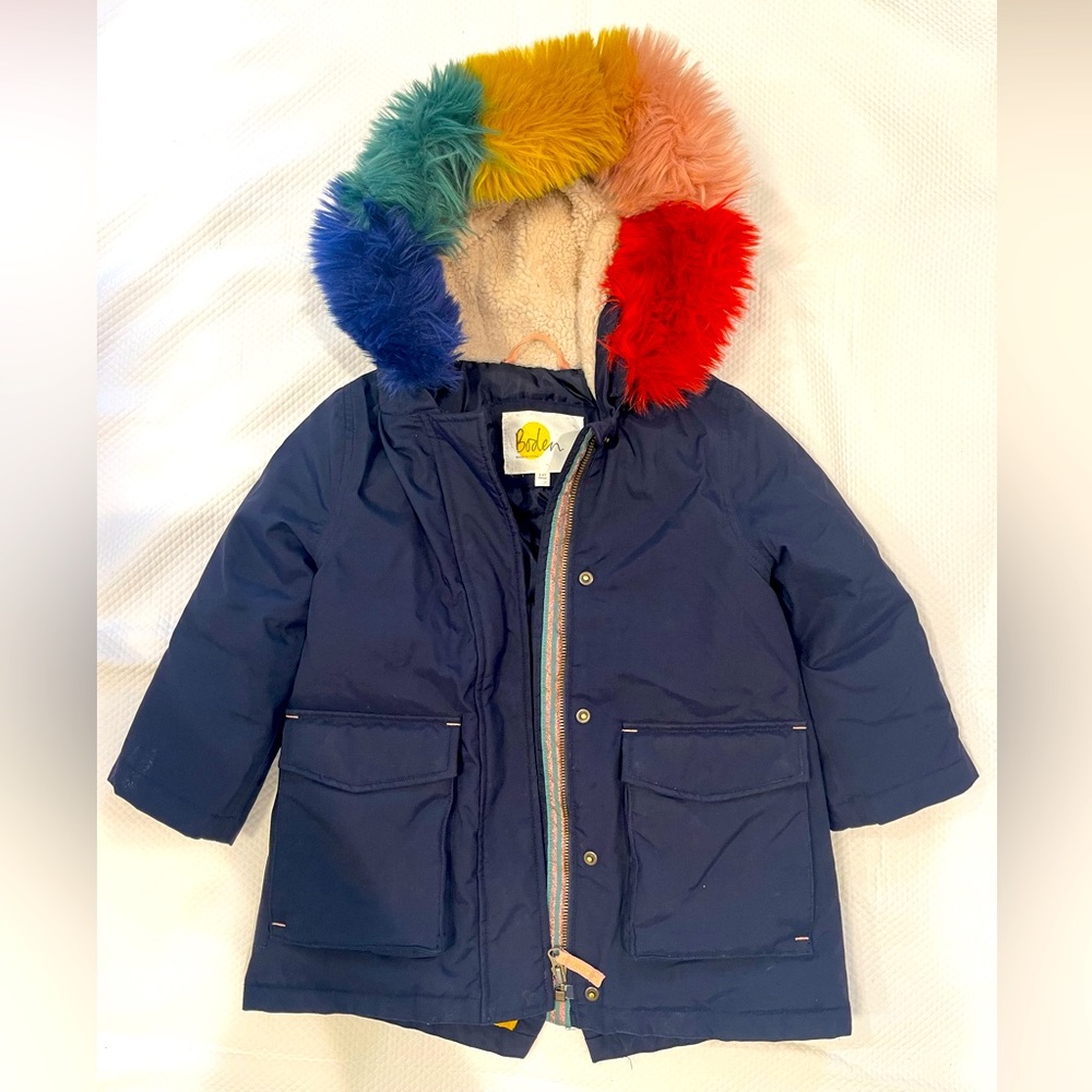 3-4y winter jacket with rainbow faux fur trim. Boden.